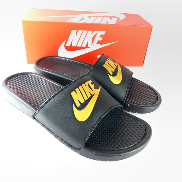 nike sandals black and gold
